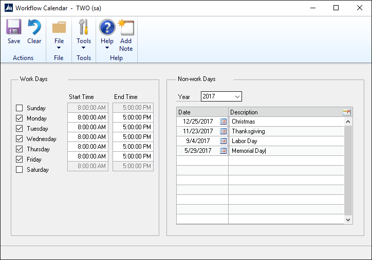Microsoft Dynamics GP  >  Tools  >  Setup  >  Company  >  Workflow  >  Workflow Calendar